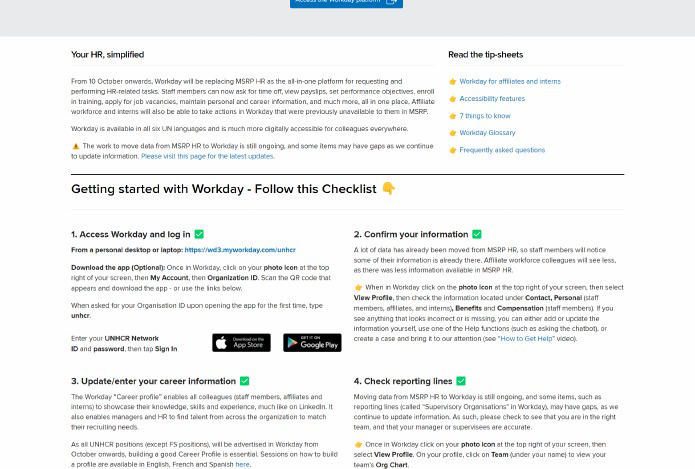 UNHCR Workday launch hub screenshot