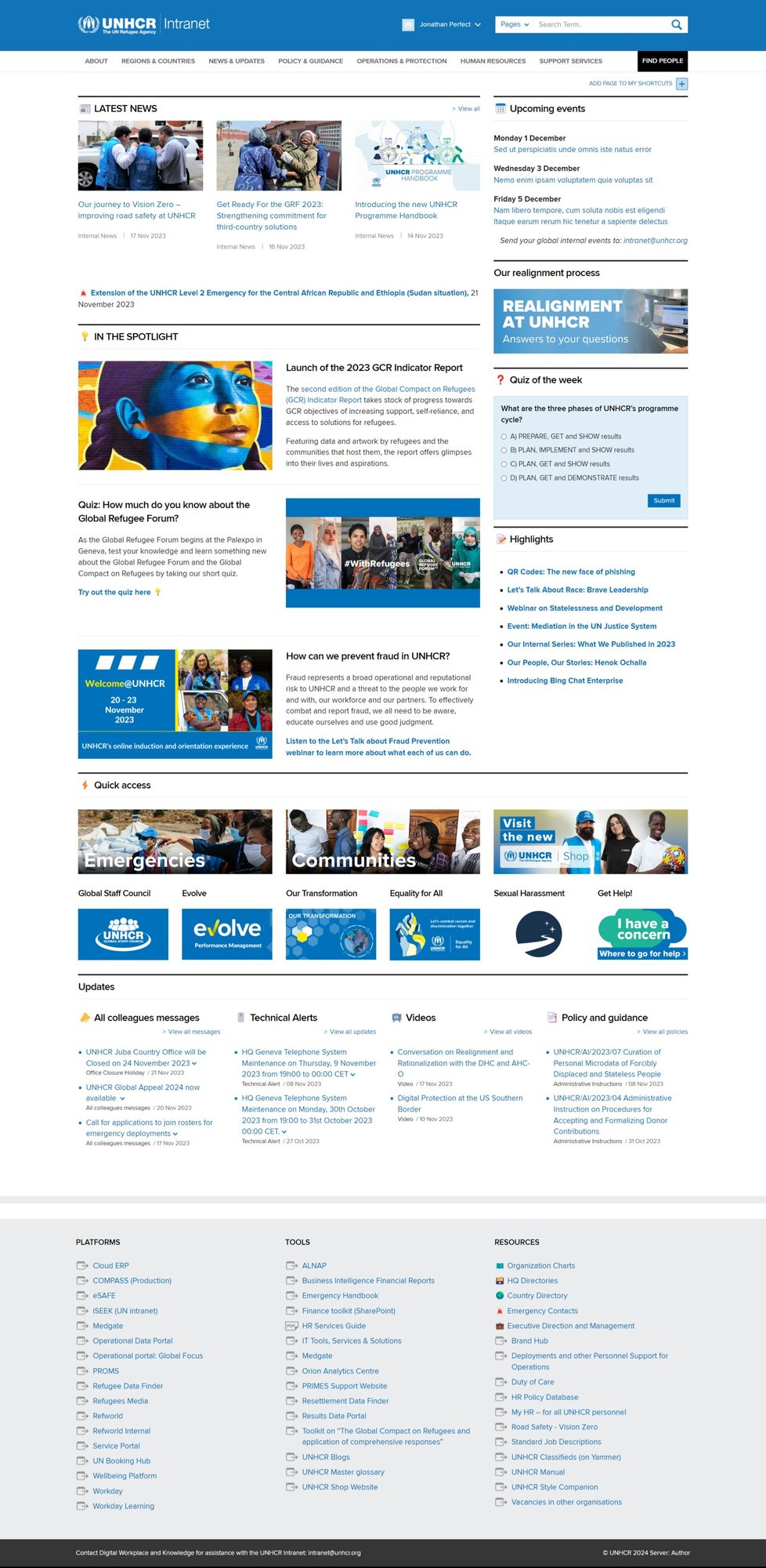 UNHCR intranet homepage design