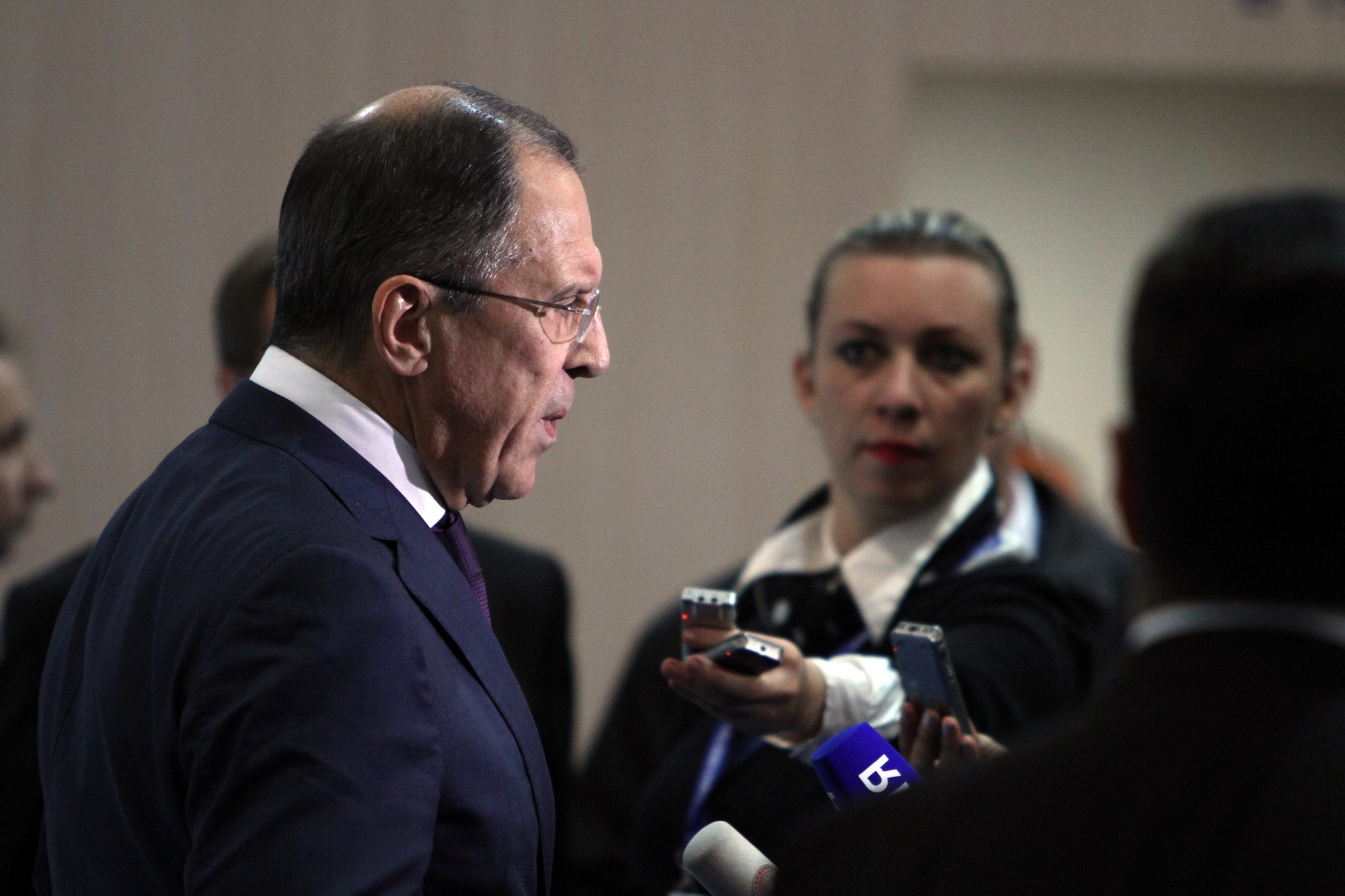 Russian Foreign Minister Sergey Lavrov speaking to reporters in Kyiv