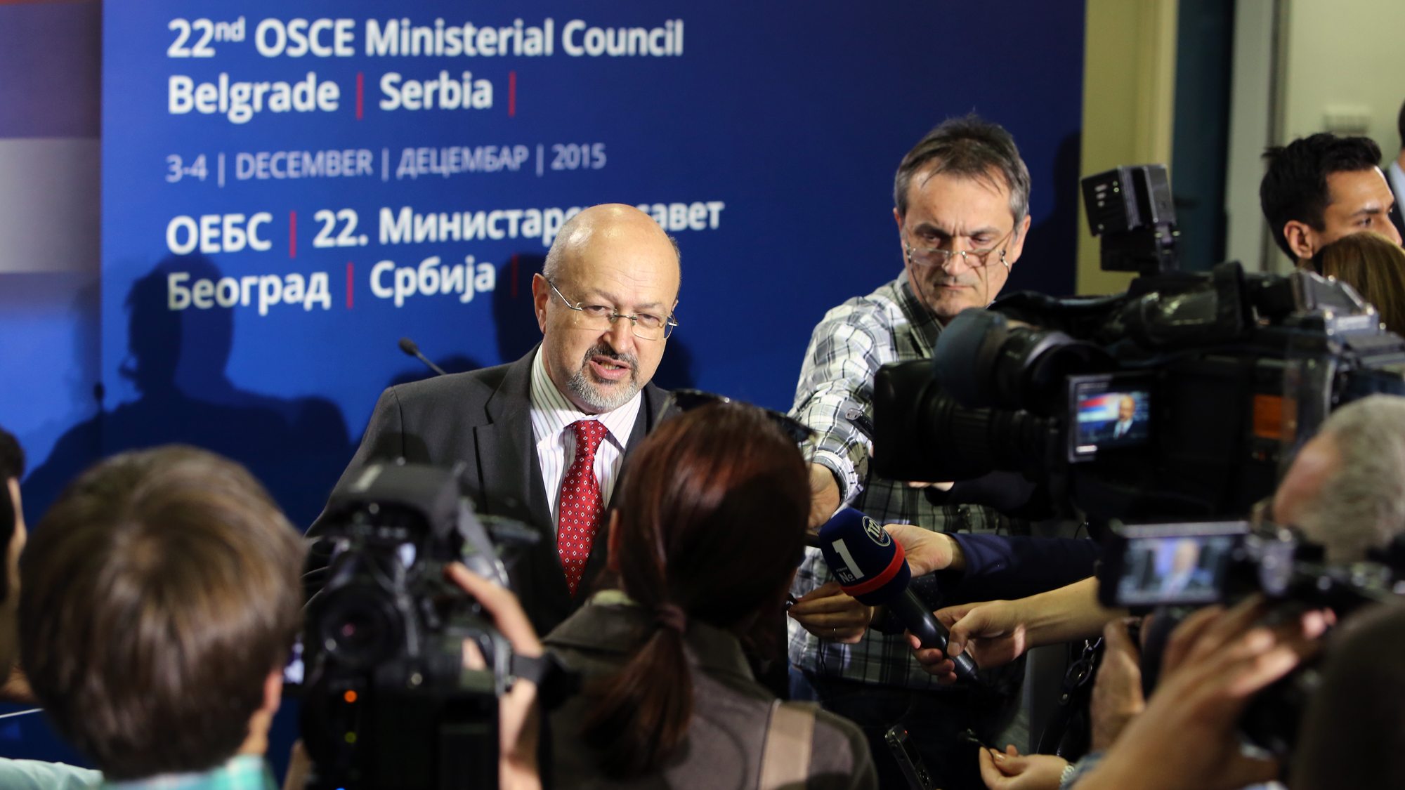 OSCE Secretary General Lamberto Zannier speaking with the media at the Ministerial Council in Belgrade
